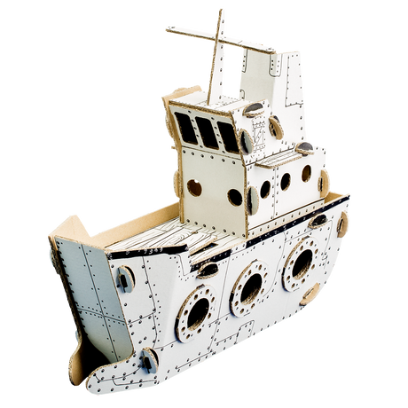 Cardboard model of a ship on a white background