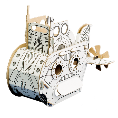 Cardboard model of u boat with intricate details on a white background