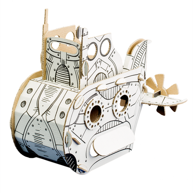 Cardboard model of u boat with intricate details on a white background