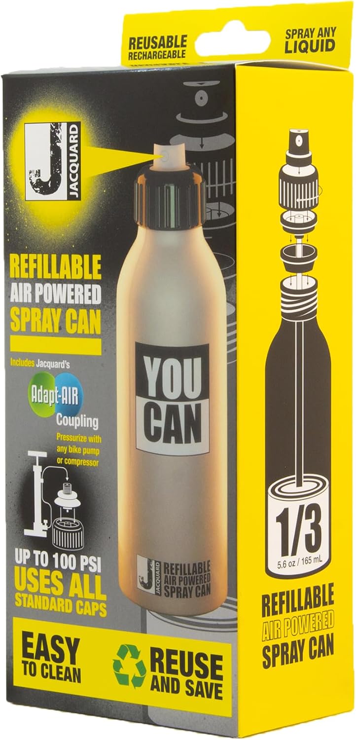 Refillable air-powered spray can packaging with yellow and black design